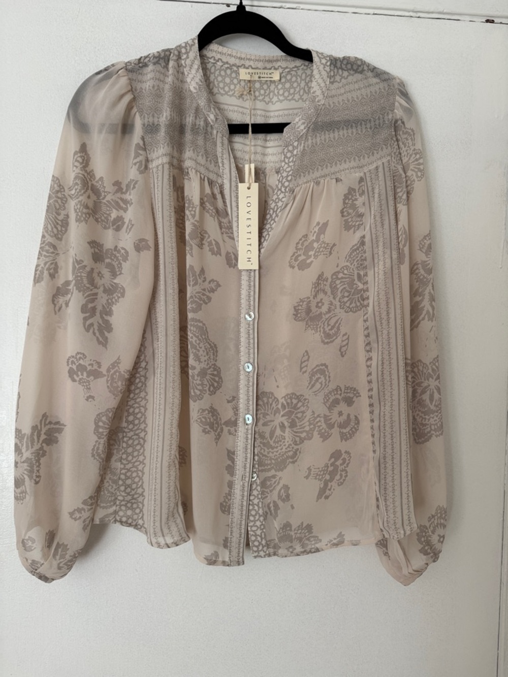 lovestitch Sheer Beige Floral Button-Front Blouse